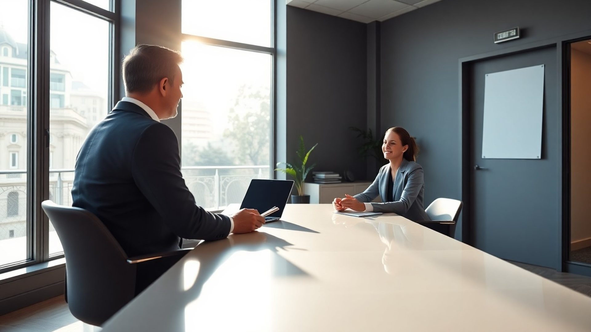 Asesor de seguros conversando con un cliente en una oficina de Montevideo