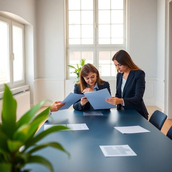 Dos profesionales revisando documentos en una mesa de oficina