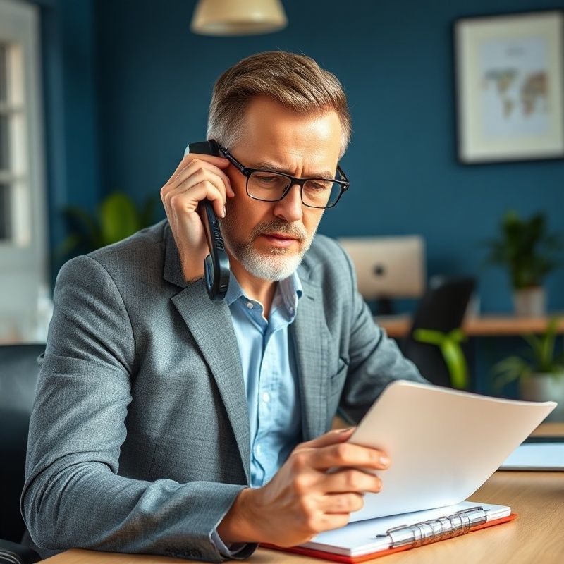 Asesor de seguros al teléfono con una libreta abierta
